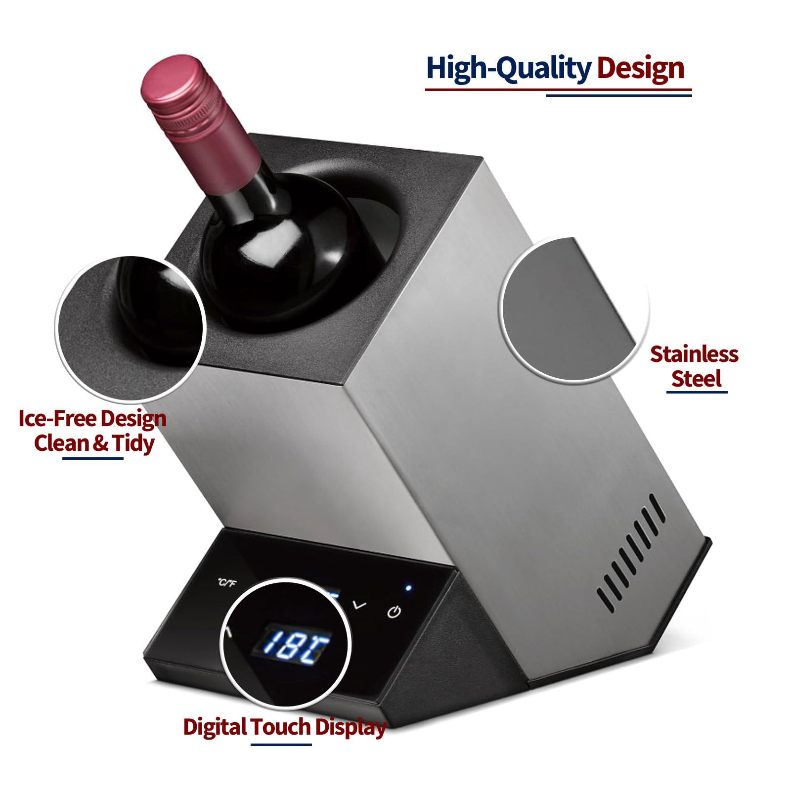 Botellero eléctrico, Botellero de una Sola Botella de Acero Inoxidable, Botellero de Vino de 750 ml, Botellero para champán, Botellero para Amantes del Vino,Silver