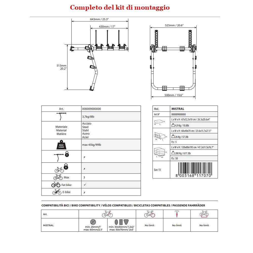 COMPATIBILE CON FIAT PANDA III (319) per anno dal 12 in poi PORTABICI PER BAGAGLIAIO POSTERIORE AUTO IN ACCIAIO PORTA BICICLETTE ADATTO PER 3 BICI CARICO MAX 45KG 70X56X11CM