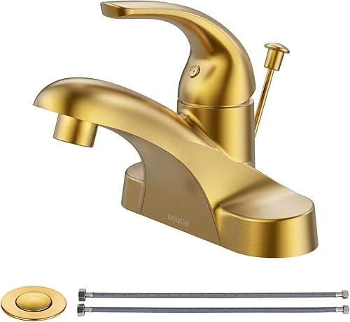 WOWOW Grifo de baño de 4 pulgadas, grifo de una sola manija para lavabo de baño, grifo de tocador dorado cepillado con varilla de elevación, grifos