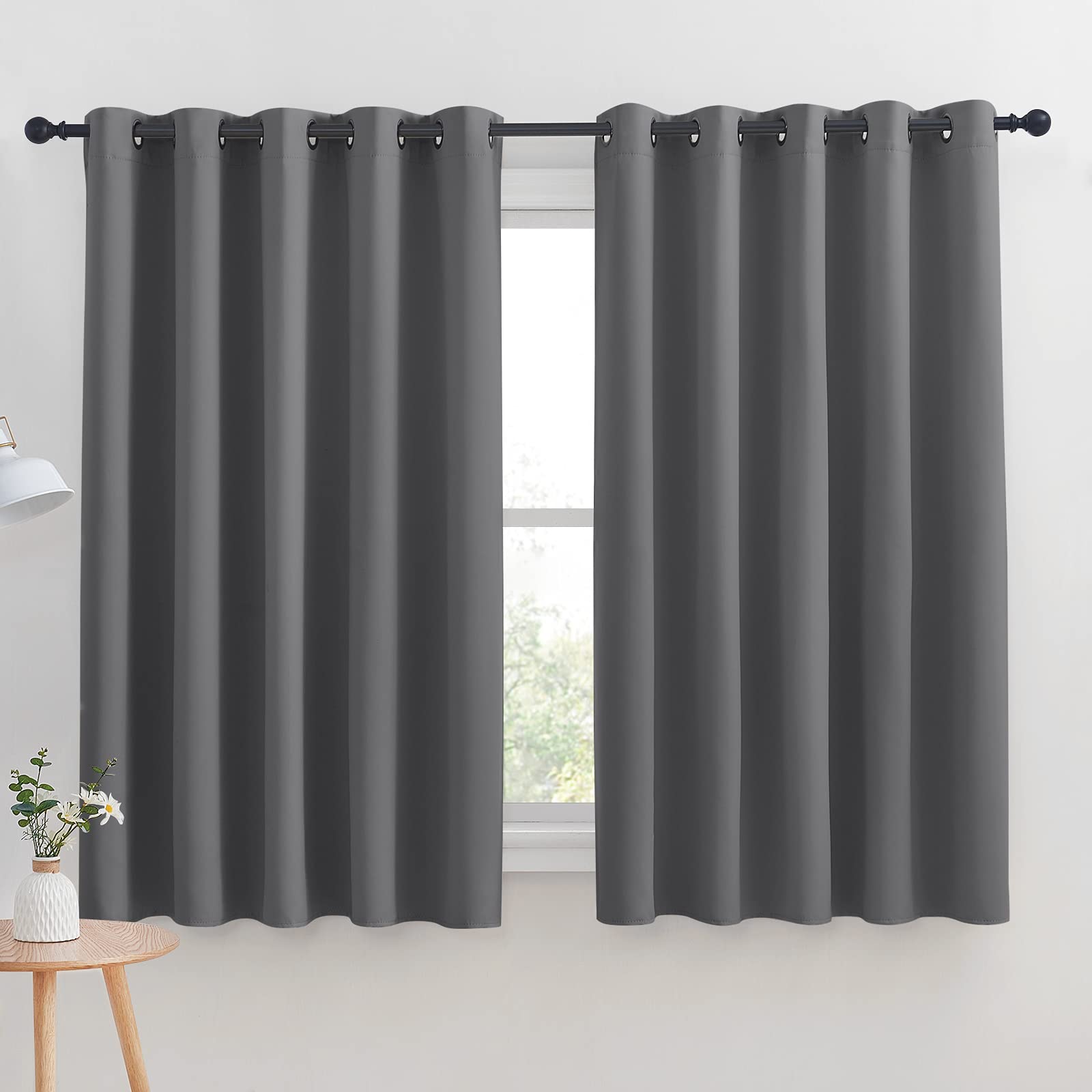 NICETOWN Grey Blackout Curtain Panels for Bedroom, Thermal Insulated Grommet Top Blackout Draperies and Drapes for Basement (2 Panels, W70 x L63-inch,