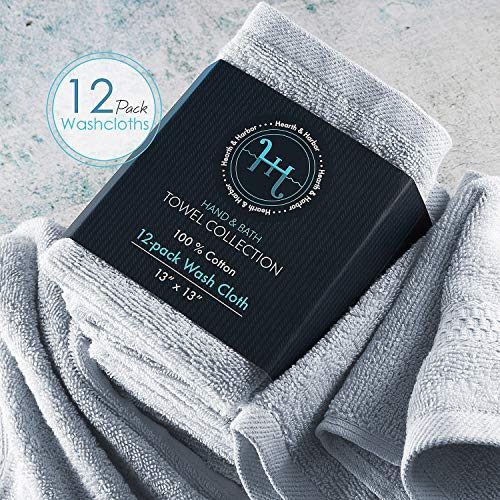 Image of Hearth & Harbor Washcloths 12 Pack - 100% Cotton Washcloth for Body and face, High Absorbent and Soft 13 inchx13 inch Body Wash Cloth, Quick Dry - Ice Blue Washcloths