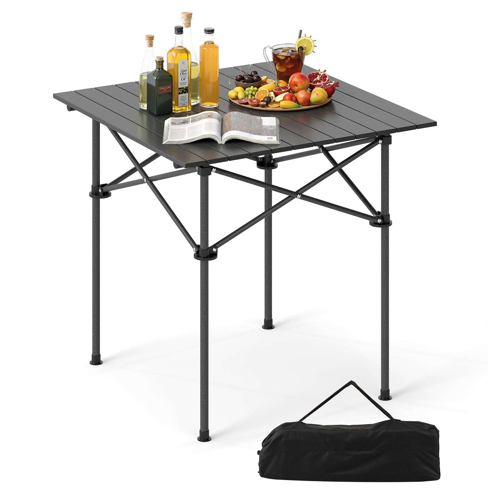 COSTWAY Aluminum Folding Camping Table, Roll Up Portable Picnic Table with Carrying Bag for 4-6 People, Steel Frame Fold up Dining Desk for Hiking Fishing BBQ (Square, Black)