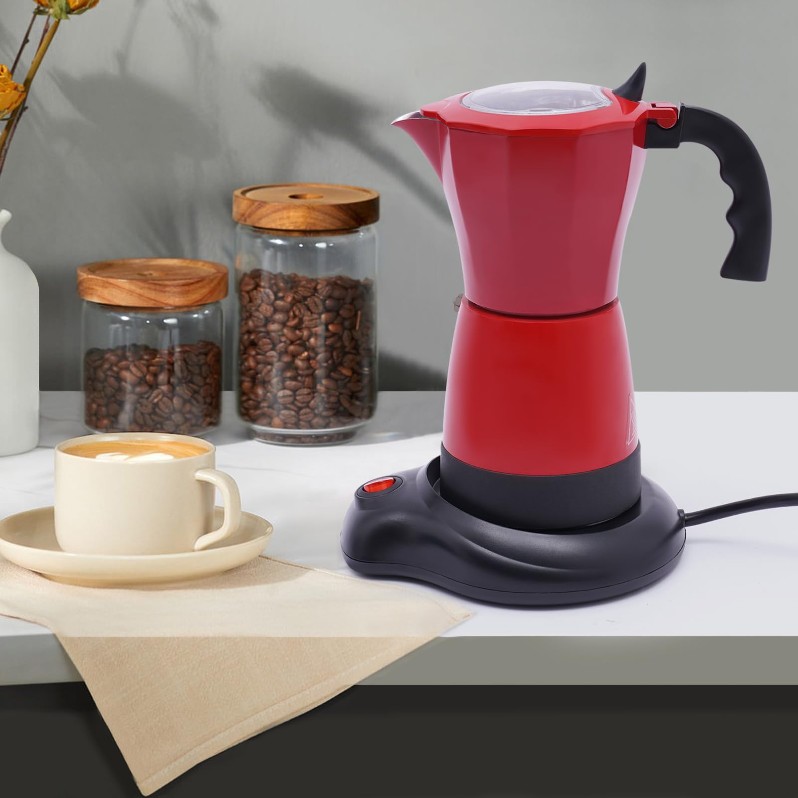 Macchina da caffè espresso, 480 W, 10,2 x 19,5 cm, 1-6 persone, design rimovibile, macchina da caffè elettrica, anti-goccia, per famiglie, uffici, dormitori universitari (rosso)
