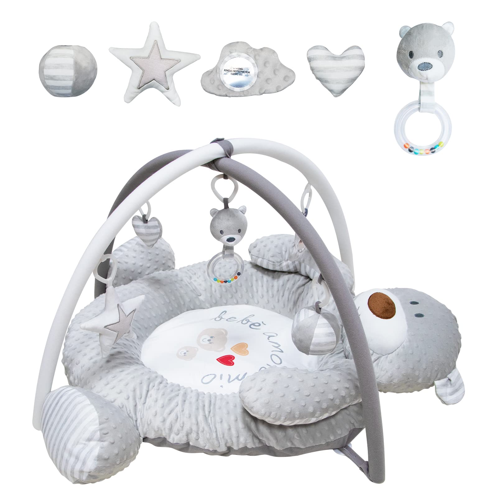 Photo 1 of 6-in-1 Baby Gym Play Mat, Detachable Plush Play Gym and Play Mat for Sensory and Motor Skill Development Language Discovery, Thicker Non-Slip Baby Activity Gym, Babies to Toddlers as Gift (Grey)