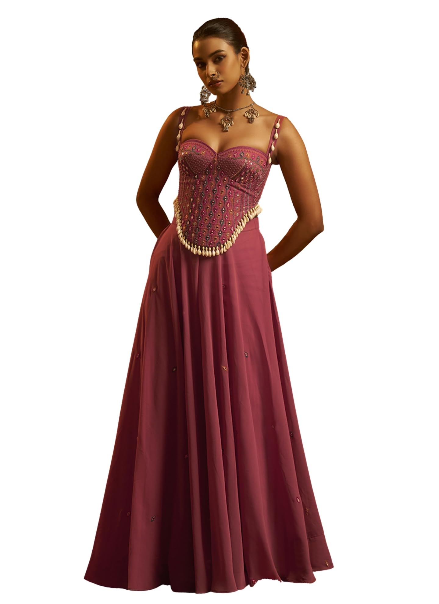 Pink Georgette Embroidered Corset Top with Palazzo and Artificial Shell Detailing