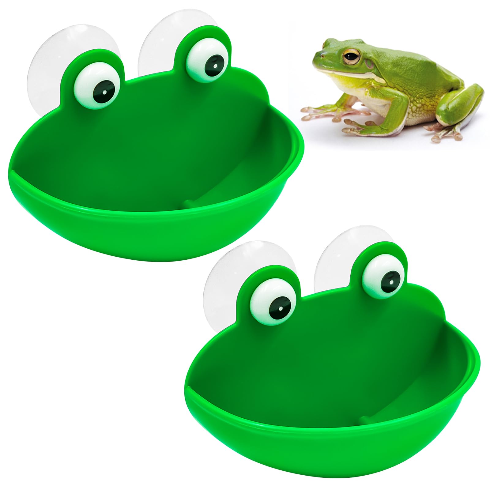 2pcs Reptile Tank Accessories with Suction Cup Feeder, Frog Habitat Feeding Bowl, Toad & Turtle Tank Decorations, Crested Gecko & Amphibian Dish Holder for Terrarium, Aquarium, and Reptile Enclosure