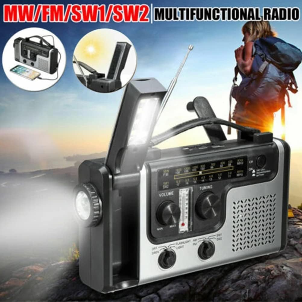 Radio d'urgence, Radio Solaire Portable à Manivelle Am/FM/SW Radios Multibande avec Lampe de Poche LED Lumineuse, Banque d'alimentation, Alarme SOS et Testeur de Température