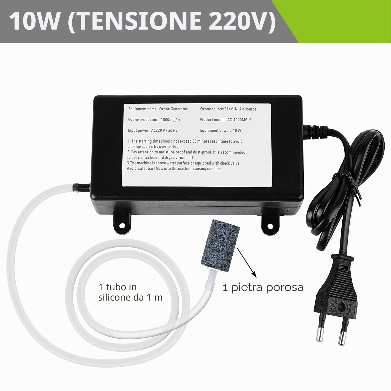 Generatore di ozono per acqua e aria, 1000 mg detergente per ozono domestico, purificatore d'aria con allergie, ozonizzatore multipurposo, filtra polline, polvere, batteri, ecc. cucina, fumo,