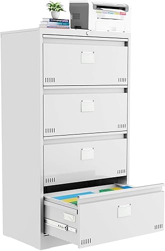 Archivador lateral de 4 cajones de metal para oficina en casa, gabinete de almacenamiento de archivos blanco con cerradura para tamaño cartalegal