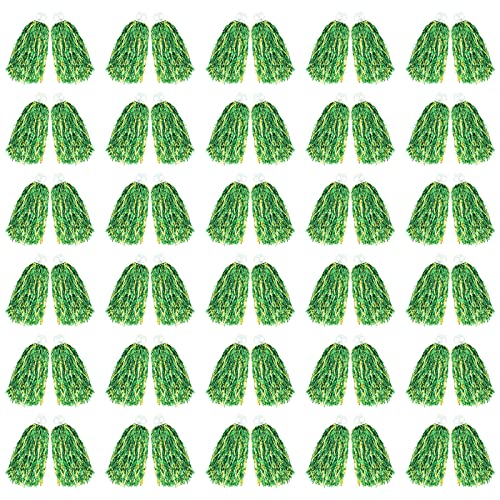 CUGBO 60Pcs Cheerleading Pom Poms Bulk, Metallic Foil Flower Ribbons Cheerleader Pompoms with Plastic Finger Ring for Adults Kids Girls Team Spirit Sports Dance Cheering (Green+Gold)