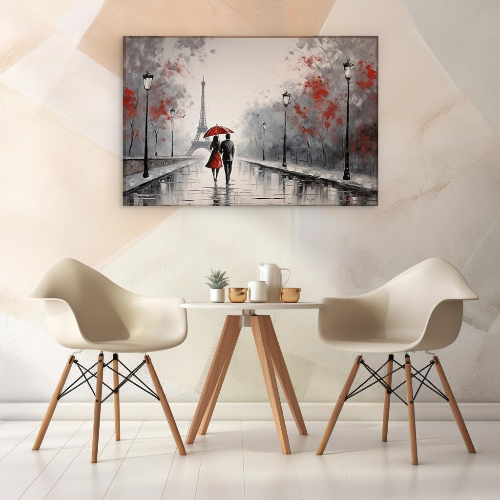 Canvas for Living room. Romance in the Rain Exploring Parisian Love Beneath a Crimson Canopy, 27 x 18 inch Canvas Wall Art - Ready to Hang - 69x46 cm (27x18 inch)