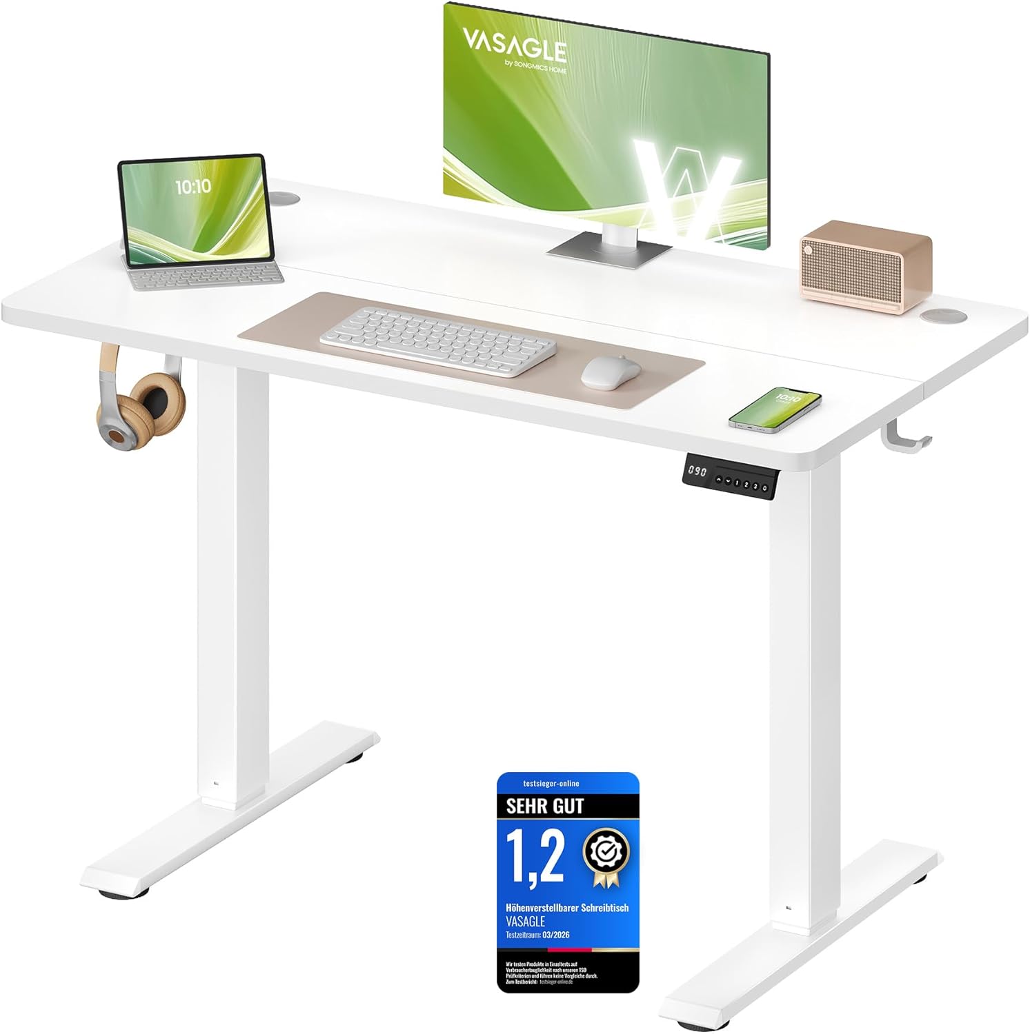 VASAGLE Höhenverstellbarer Schreibtisch, Stehtisch, Computertisch, Erinnerung bei langem Sitzen, Memory-Funktion mit 4 Höhen, für Büro, 100 x 60 cm, wolkenweiß LSD310WZ03