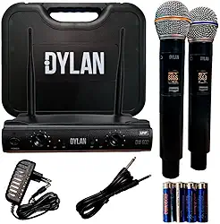 Microfone Sem Fio Profissional Duplo de Mão 26 Canais UHF Dylan Dw-602 Max Cor Preto P/Igreja, Palestra, Show, Reuniao