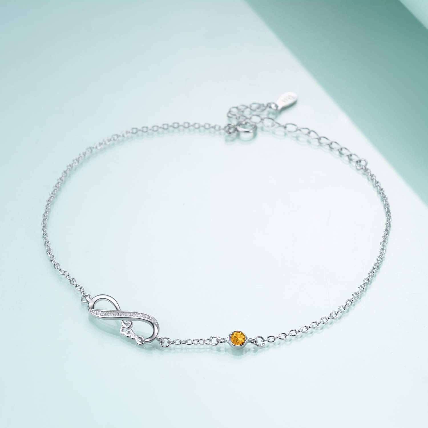 AOBOCO Infinity Armband Damen Sterling Silber 925 Unendlichkeitszeichen Armband Verstellbar Armkette mit Geburtsstein Kristallen