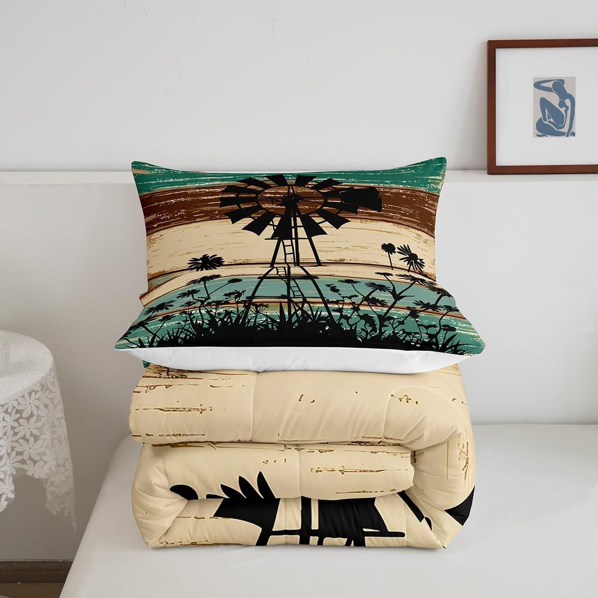 Erosebridal Garden Windmill Comforter Set Windmill Decor Farmhouse Bedding Set King,Lodge Cabin Wooden Plank Quilt Cottage Barn Door Wood Board Retro Country Farm House Pinwheel Winnower Room Decor