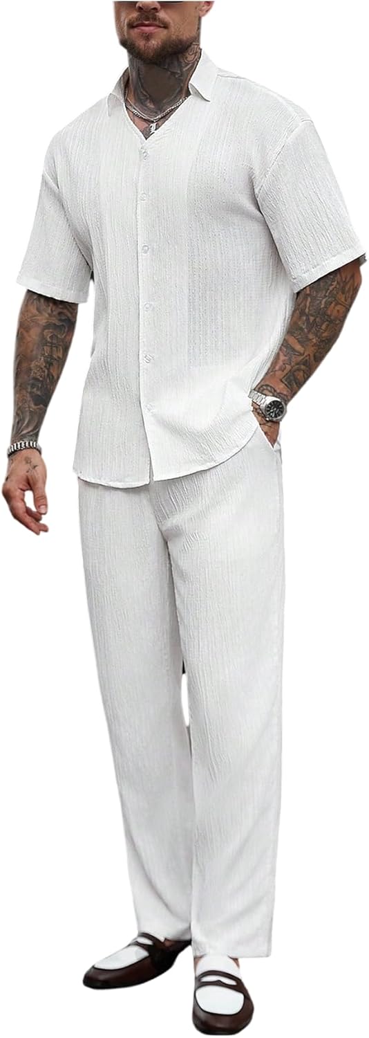 GORGLITTER Men's 2 Piece Set Short Sleeve Button Down Shirt and Wide Leg Pants Beach Vacation Outfits White Small