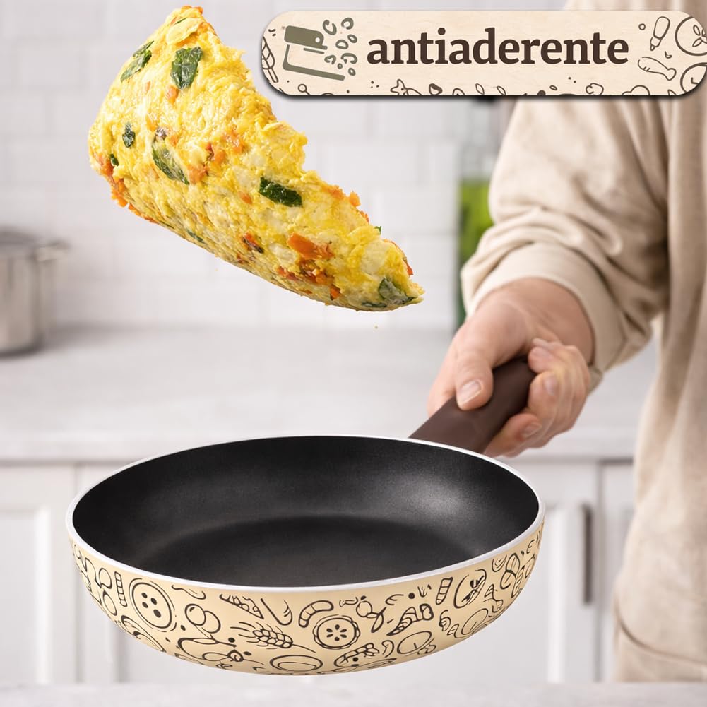 BAKAJI Tris Padelle Pastella da 20-24 - 28 cm con Fondo Antiaderente Cottura Uniforme e Omogenea, Manico Soft Touch, Padella Ideale per Cucinare Rapidamente, Adatto a Piani Cottura Gas