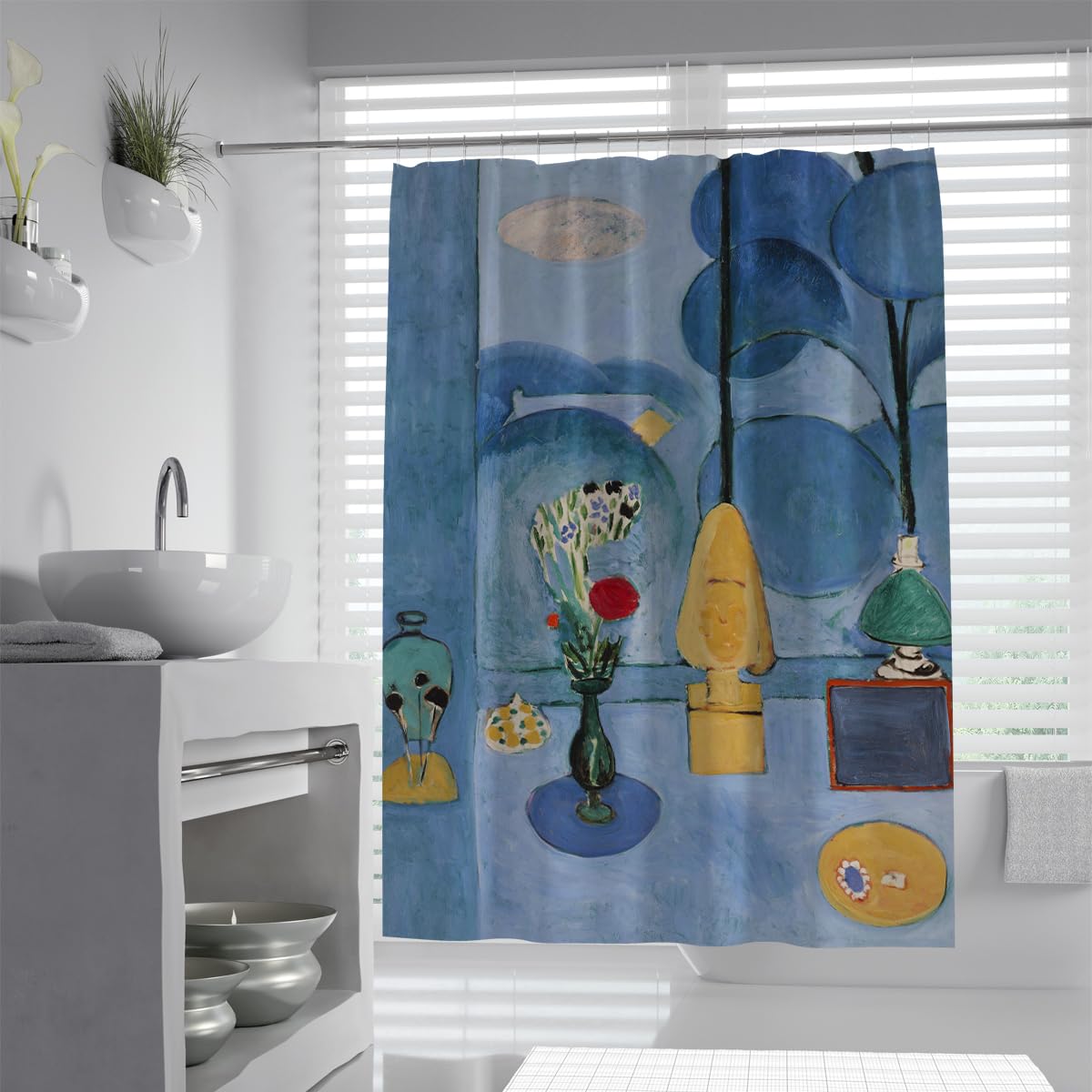 UIRINGART Henri Matisse Shower Curtains W150xL200cm The Blue Window Masterpiece Fine Art Flower Vase Print Easy To Care Shower Curtain Liner for Bathroom Bathtub Curtain