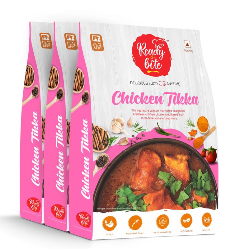 Ready 2 Bite Chicken Tikka (Pack of 3) Special Delicious Natural Instant Food Ready to Eat in Few Minutes | Slow Cooked Heat | | Microwaveable | No Artificial Colour | No Preservative Preservative