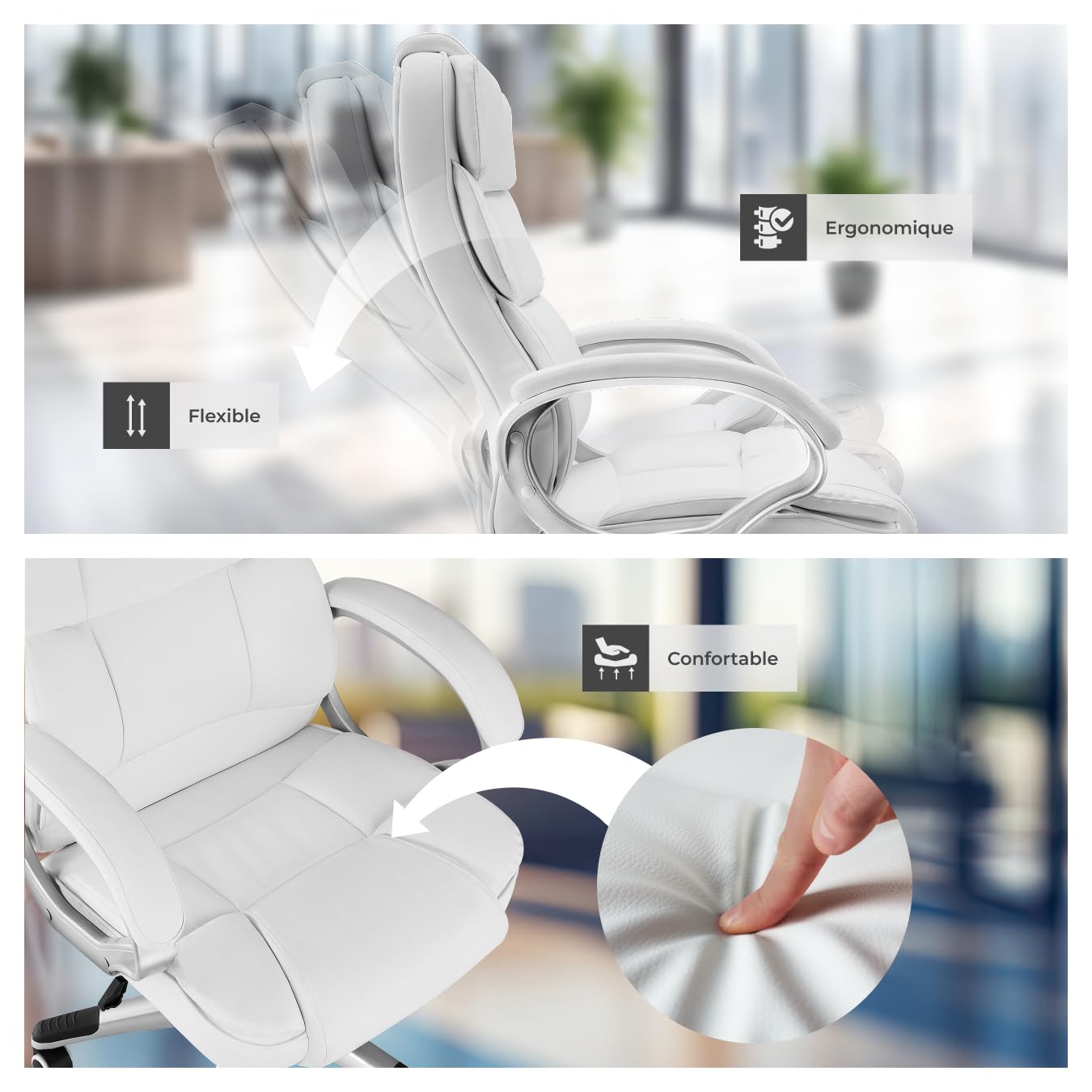 tectake® Chaise de Bureau Chaise Gaming Fauteuil de Bureau Fauteuil pivotant Design, Siege Ergonomique avec Accoudoirs, Appui-tête rembourré, Roulette Teletravail - Blanc