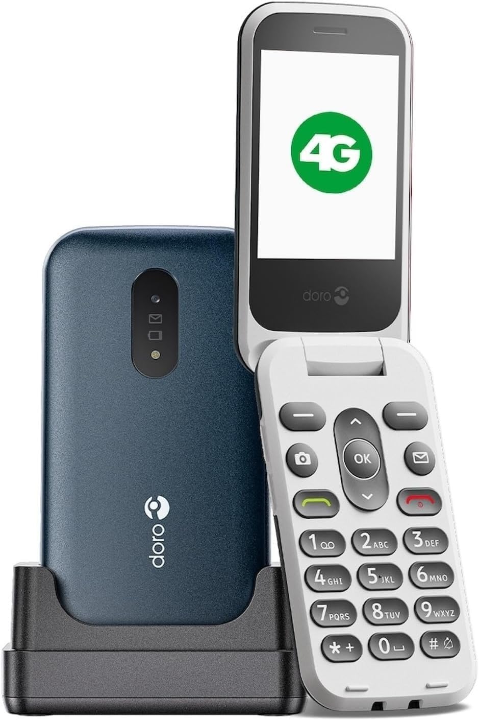 DORO - Doro 2820 - Cellulare Per Anziani - Cellulare a Conchiglia 4G sbloccato - Tasti Grandi a Risposta Vocale - Fotocamera - Bluetooth - Tasto Di Assistenza - Base Per Ricarica Inclusa - Blu/Bianco