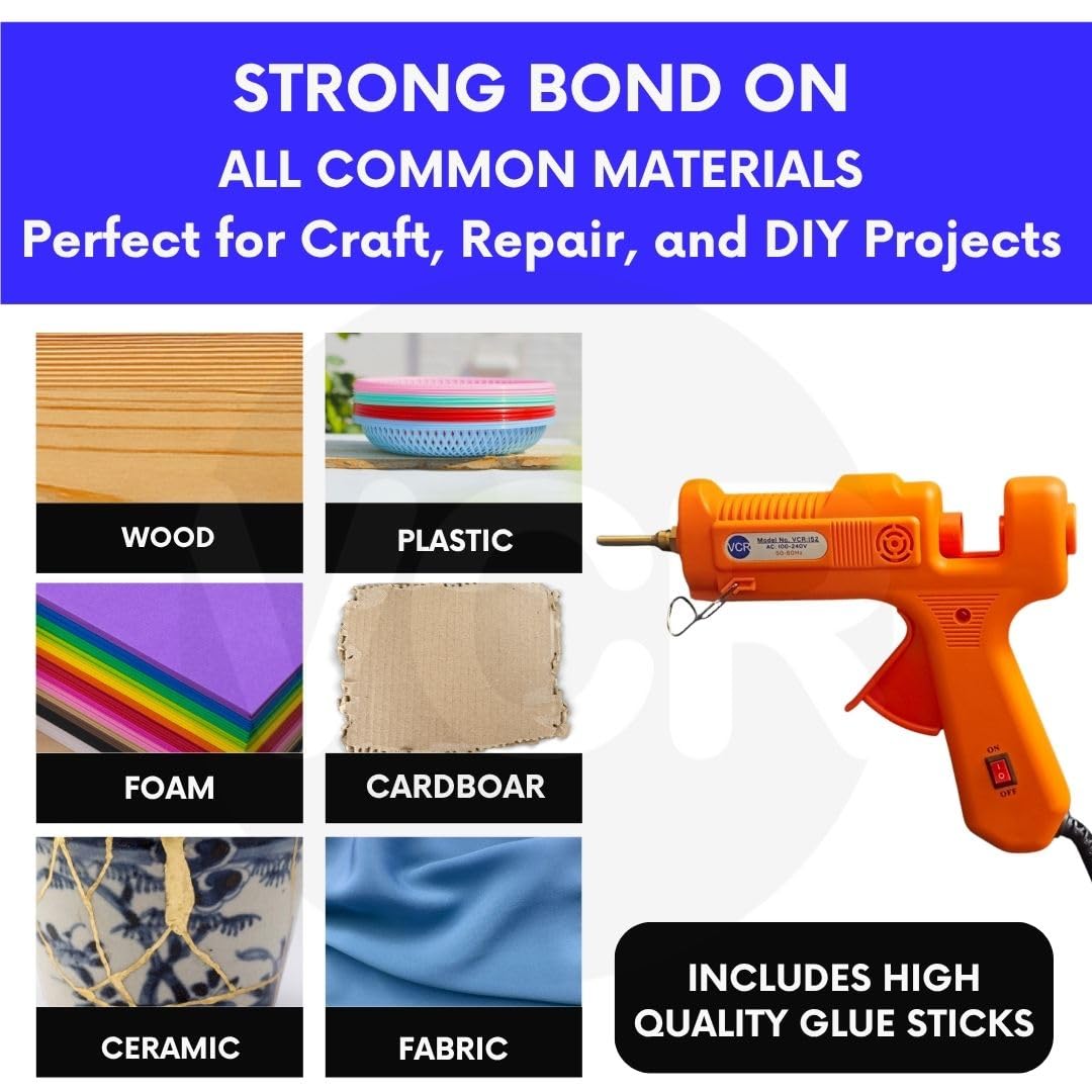 VCR 150W Professional Hot Melt Glue Gun Long Nozzle - Triple Power Rapid Heating Gun with ON/Off Switch for Precise Glue Output - Easy To Use Glue Gun + 5 Transparent - 11mm Glue Sticks - VCR 152 - Image 5 thumbnail