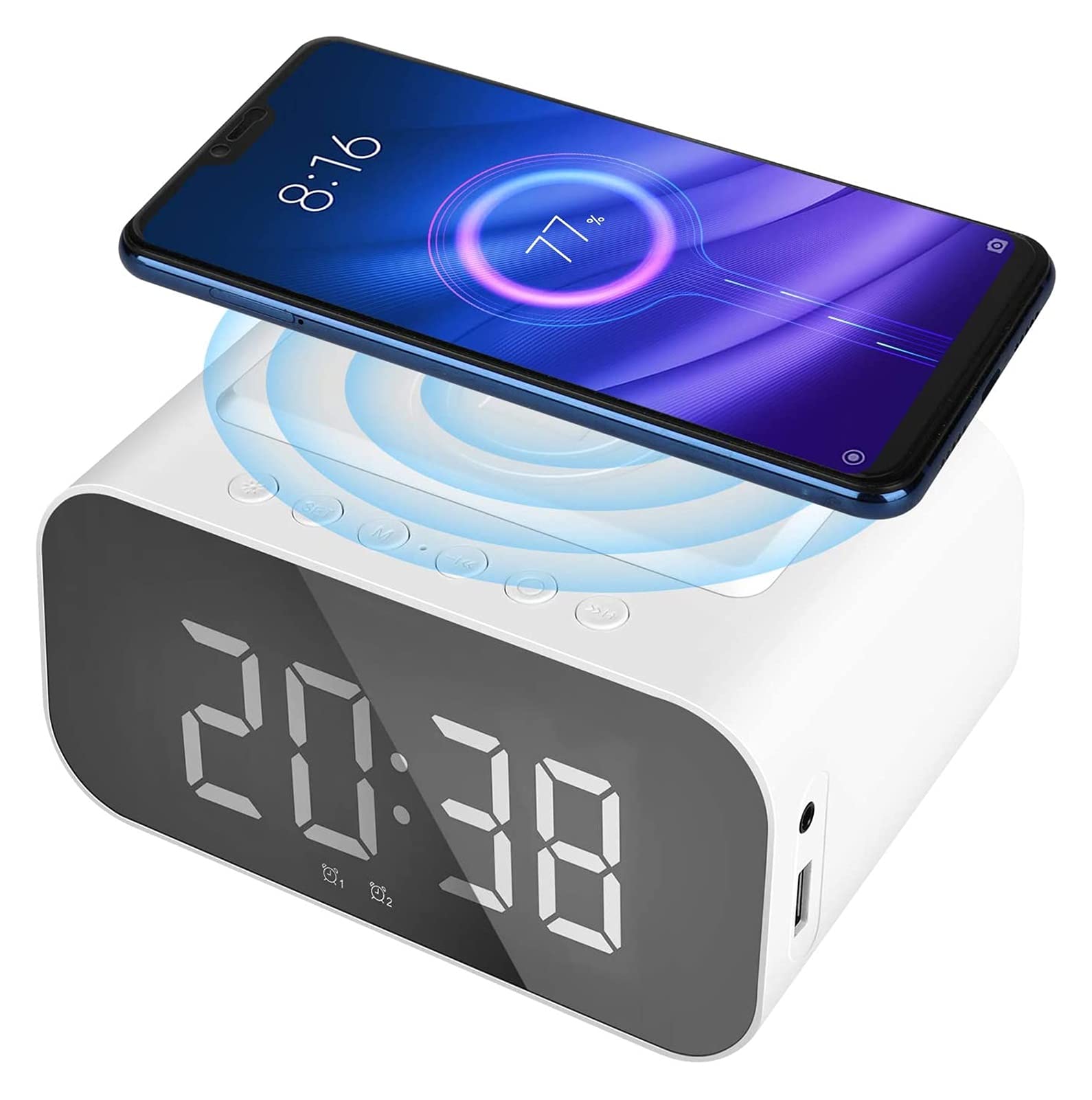 Radio de reloj despertador con altavoz, carga inalámbrica de alarma digital, espejo DIRIGIÓ Exhibir con USB Puerto, AUXILIAR Entrada, Llamada de manos libres for el dormitorio en la cama del hotel (bl