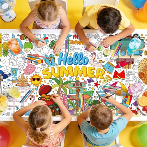 Image of Gatherfun Hello Summer coloring tablecloths, 31.5 x 72 Inch Beach Party Coloring Banner, Paper Table Cover for Summer School Party Supplies, Special Events Decoration, beach Party Decorations
