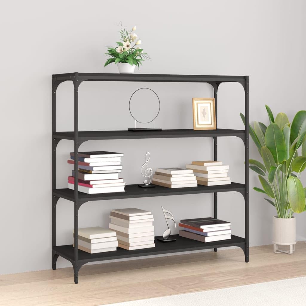 Estantería resistente de madera y acero negro con acabados elegantes para un almacenamiento premium