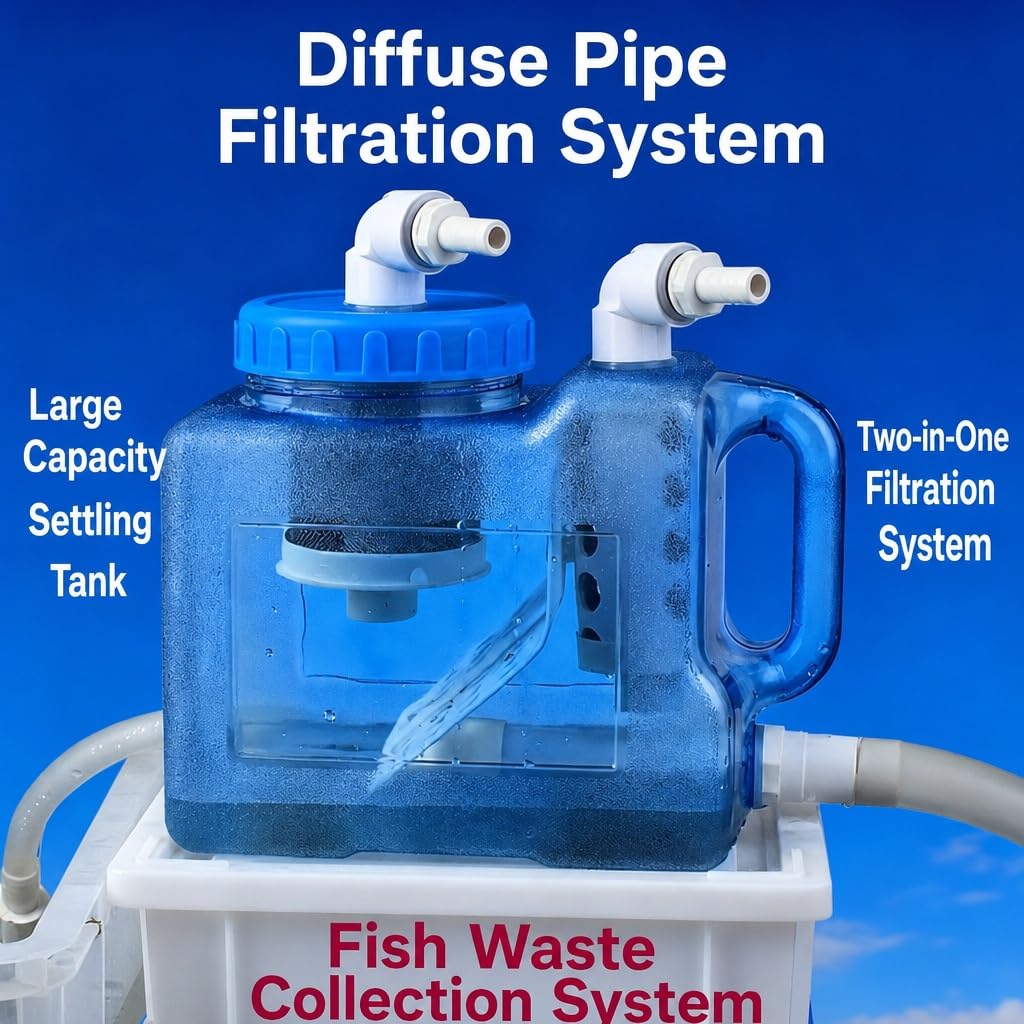 Collecteur Déchets Poissons 3L, Chambre Séparation | Réservoir Sédiments 3L, Maille Filtre Inox, Installation Externe, Sortie Vidange Basse, Cuve Semi-transparente(16mm)