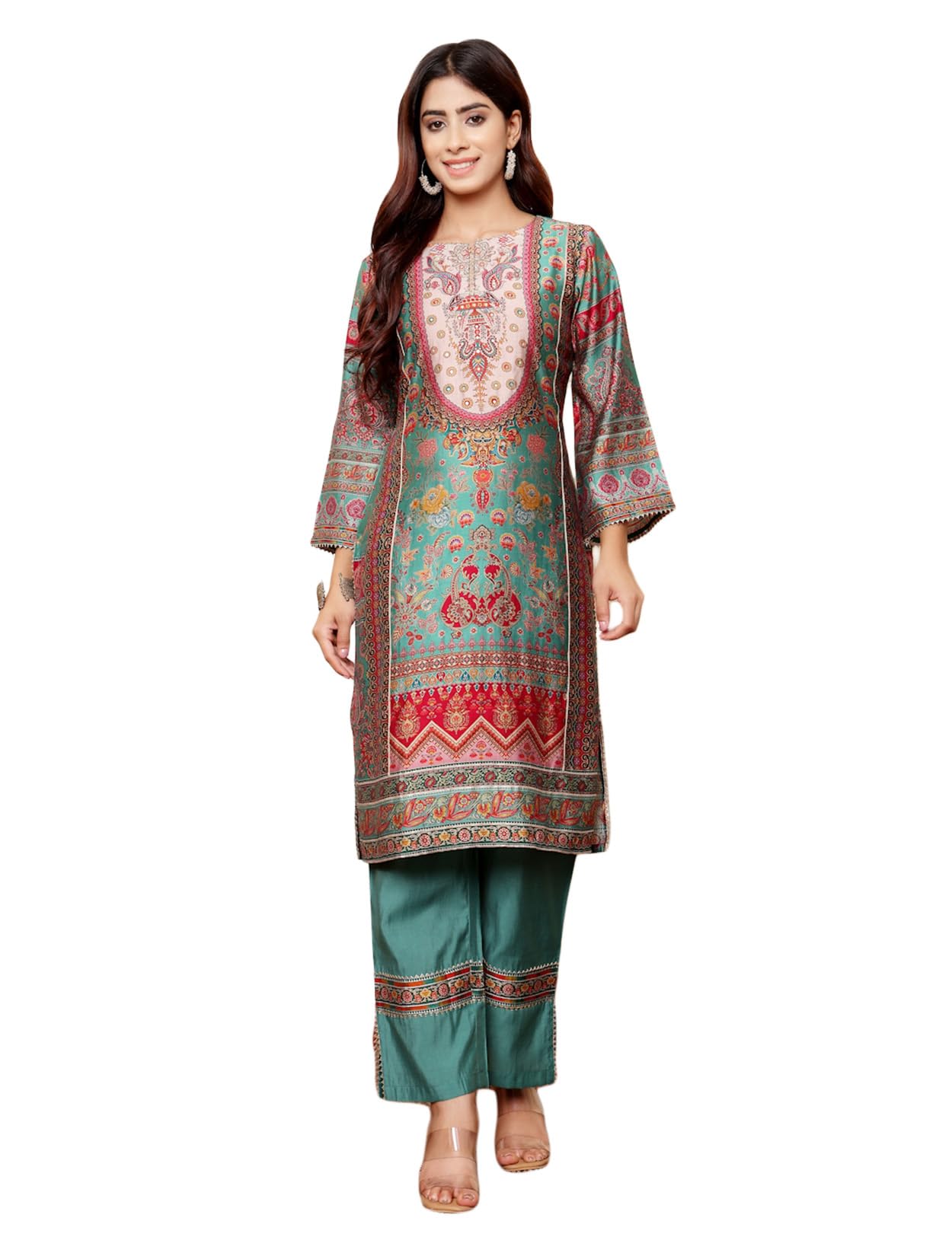 Varanga Women Green Round Neck Gotta Lace Detailed Ethnic Printed 3/4 Sleeve Straight Kurta With Tonal Bottom & Lace Detailing