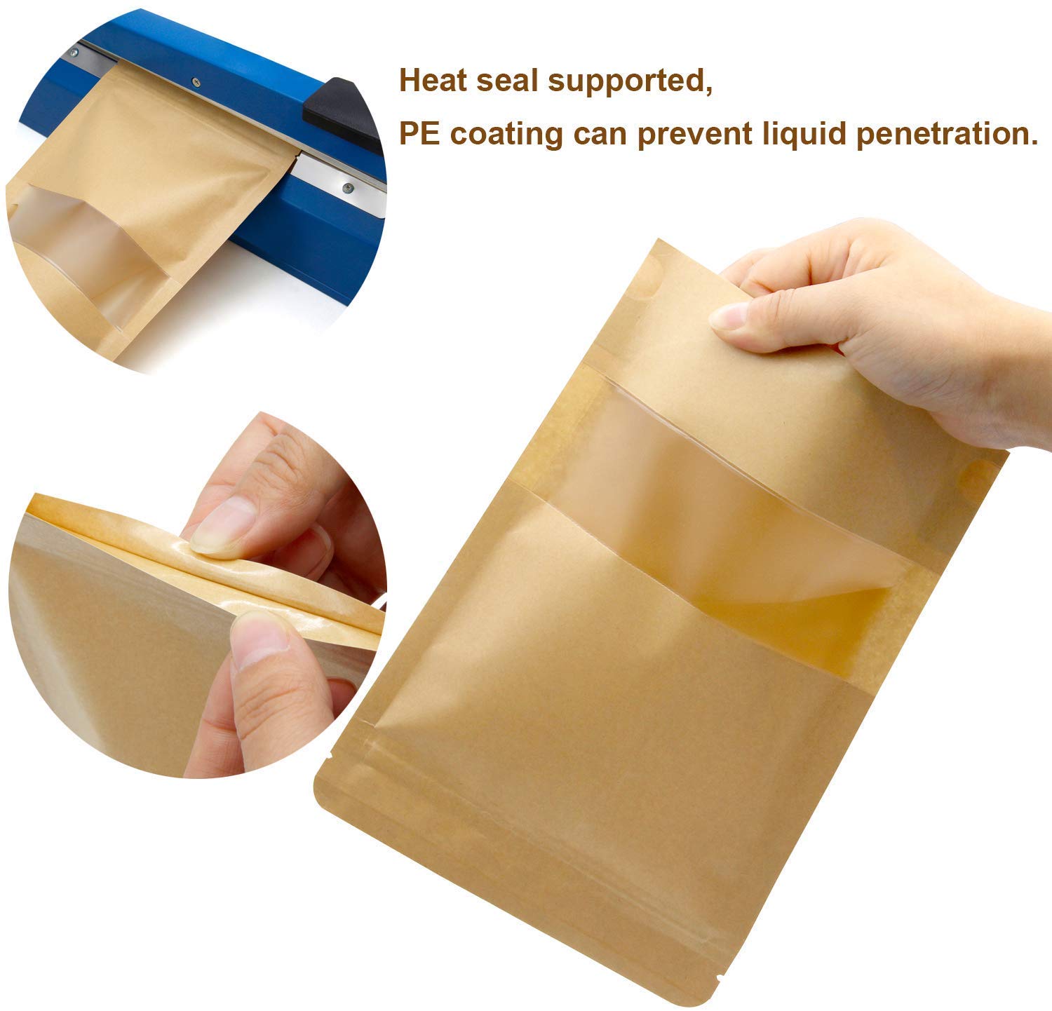 50 pièces Sac en Papier Kraft Zip Petit Sac en Papier avec fenêtre Sac ziplock Alimentaire-adapté aux graines de thé de café de Fruits secs ( 12x20cm)-Fei Yu