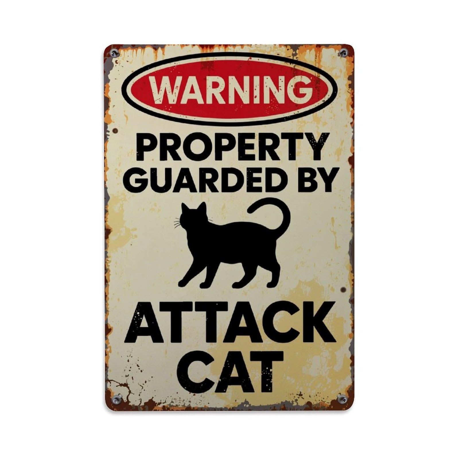 Warning Property Guarded By Attack Cat Retro Metal Tin Sign, Vintage Decor Art Poster for Bar, Home, Man Cave, Kitchen, Laundry Room Gift 8x12Inch