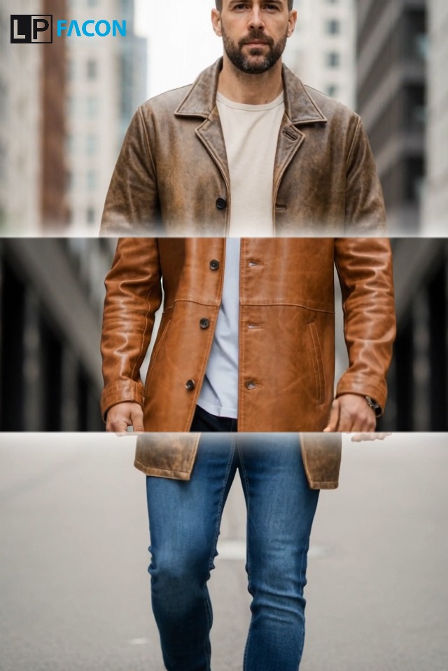 LP-FACON Mens Black 3/4 Mid Length Car Coat - Genuine Leather