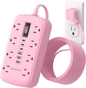 Pink Extension Cord with Surge Protector - 5 FT Kawaii Power Strip, Cute Extension Cord with 6 USB3 USB C and 8 Outlets, Pink Desk Accessories for Girl Cute Kawaii Room Decor Gifts Office Dorm Home