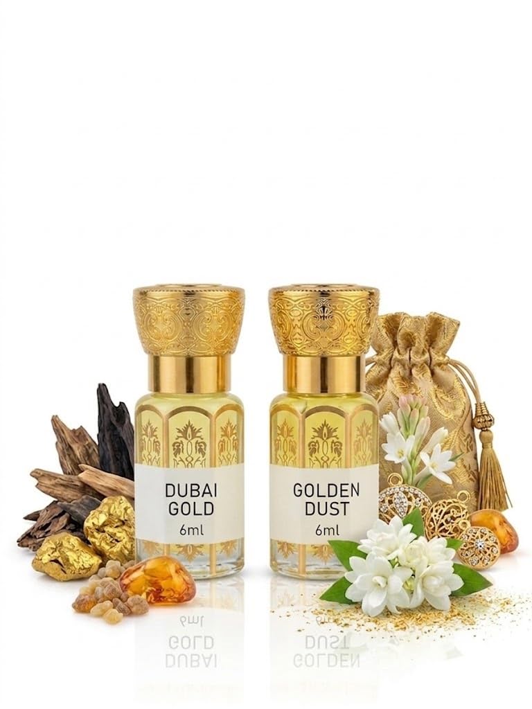 Attar Combo of Dubai Gold and Golden Dust, Long Lasting Perfume Oil for Unisex, 6 ml Each, Pack of 2-image-43