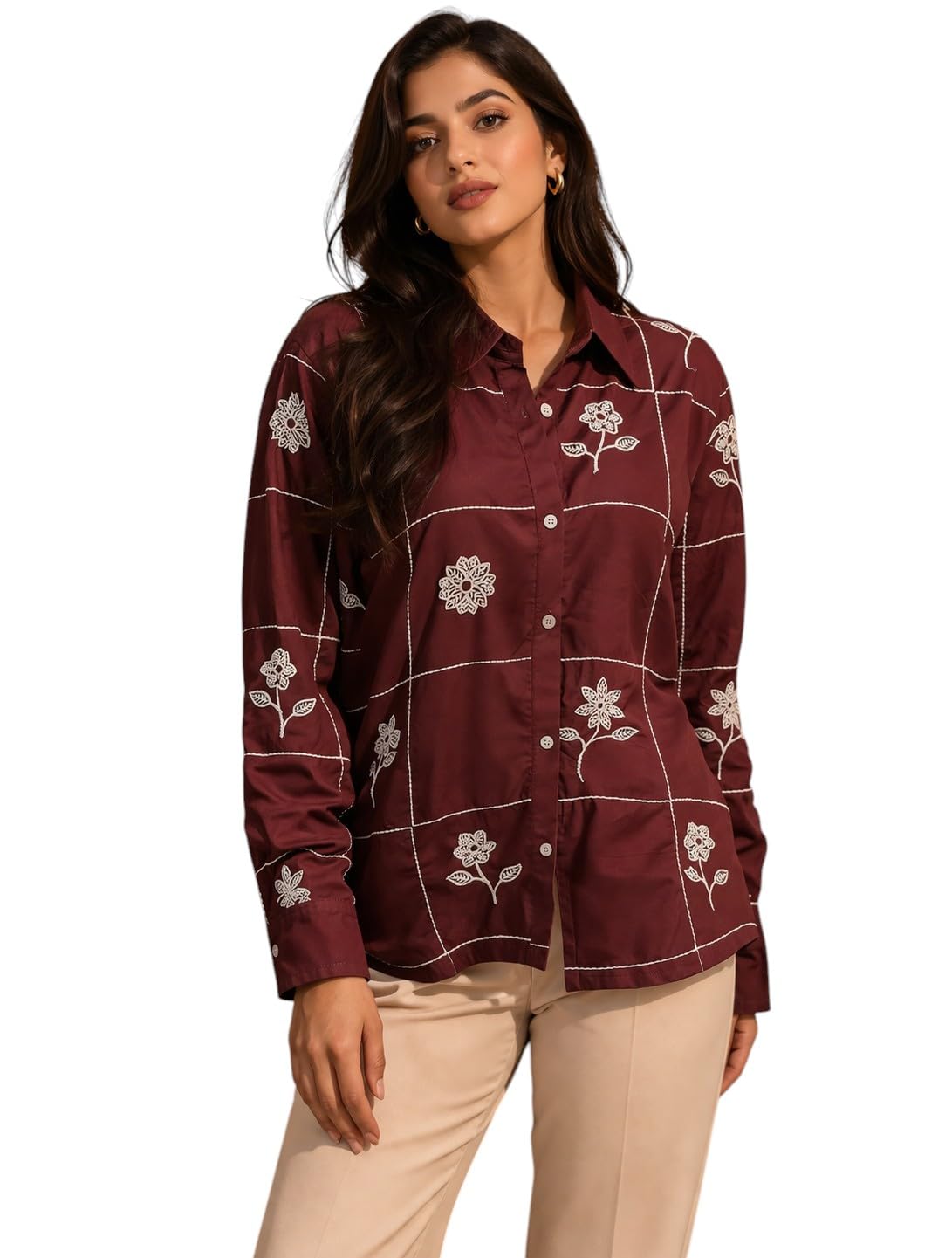 Women’s Maroon Viscose Rayon Embroidered Shirt| Floral Embroidery Casual Button Down Shirt for Women-image-7
