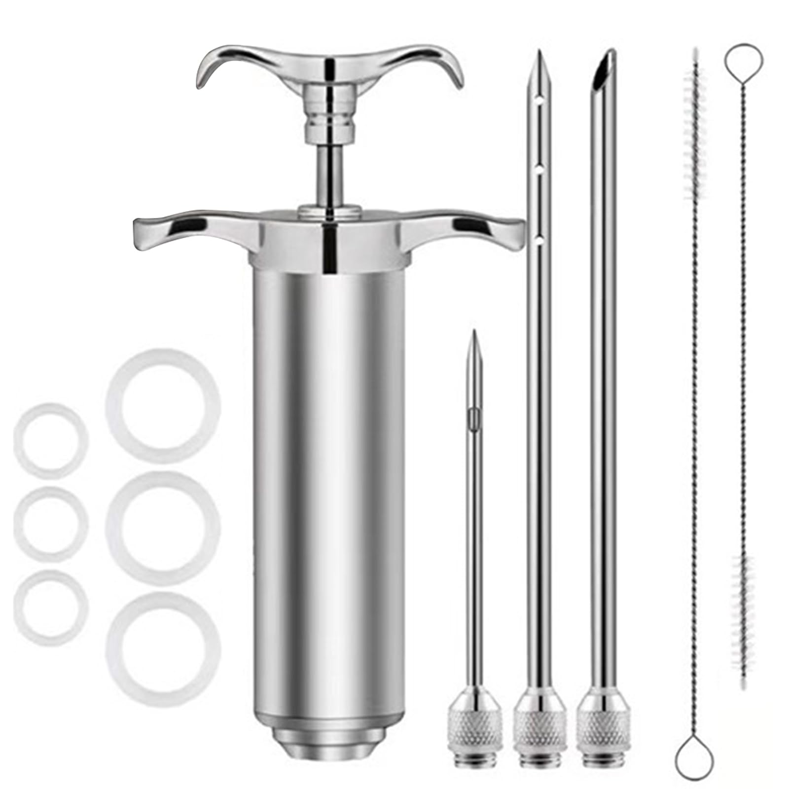 Faroby Silver Turkey Baster Set - 2Oz/60Ml Stainless Steel Syringe With 3 Needles & Cleaning Brush For Bbq Grill, Meat Injector For Cooking