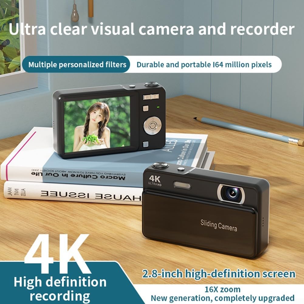 Slider - Fotocamera digitale portatile, 64 MP, registrazione 4 K, zoom 16x, schermo ad alta definizione, design compatto in metallo, stabilizzazione elettronica, per studenti di fotografia di viaggio