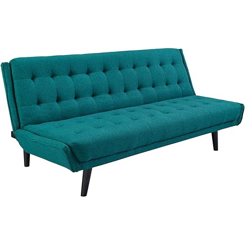 Modway Glance Mid-Century Modern Upholstered Fabric Convertible Futon Sofa Bed Couch In Teal
