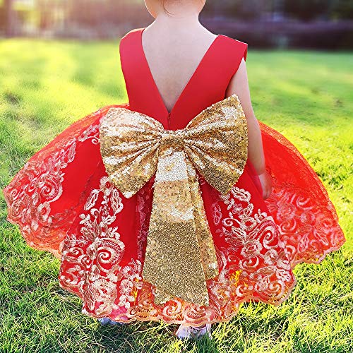 0-6T Big Bowknot Sequins Embroidered Lace Party Tutu Gown Toddler Baby Girls Dress With Headwear Easter Ball Gown Dress Red 120 #TOP3