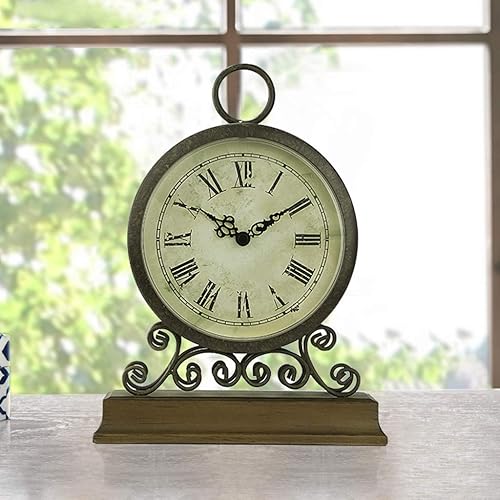 Miniatura 5 de Reloj de mesa retro de madera y metal estilo vintage europeo de Clockzhji, reloj de mesa de salón, dormitorio, silencioso, retro, de cuarzo, reloj