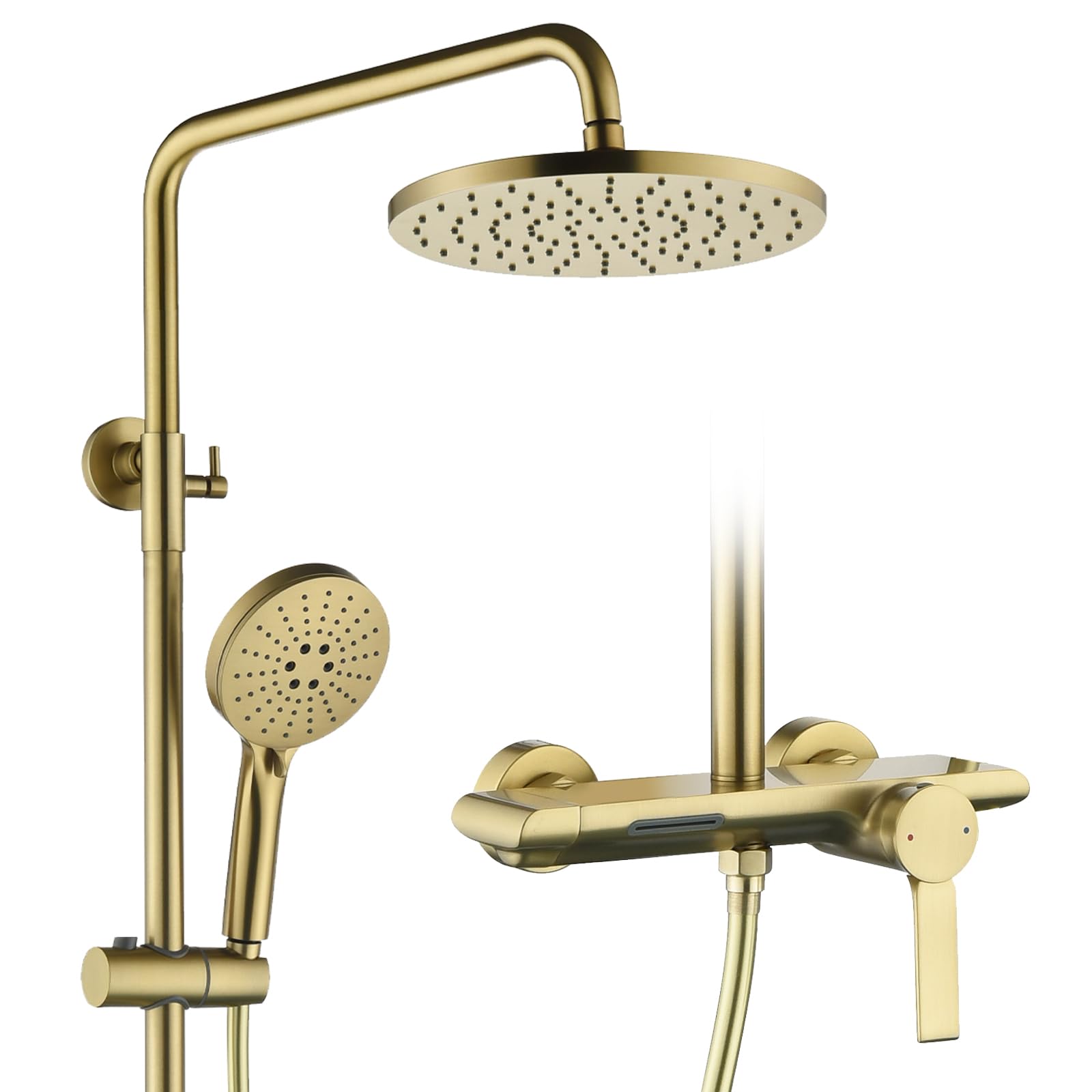 Duschsystem,3-in-1-Duschset Gebürstetes Gold,mit 260 mm runder Regenduschkopf,3 Modus Handbrause,und einem unteren Wasserauslass,360° Verstellbarer Regendusche Duschkopf,Multifunktionales Ablagefach