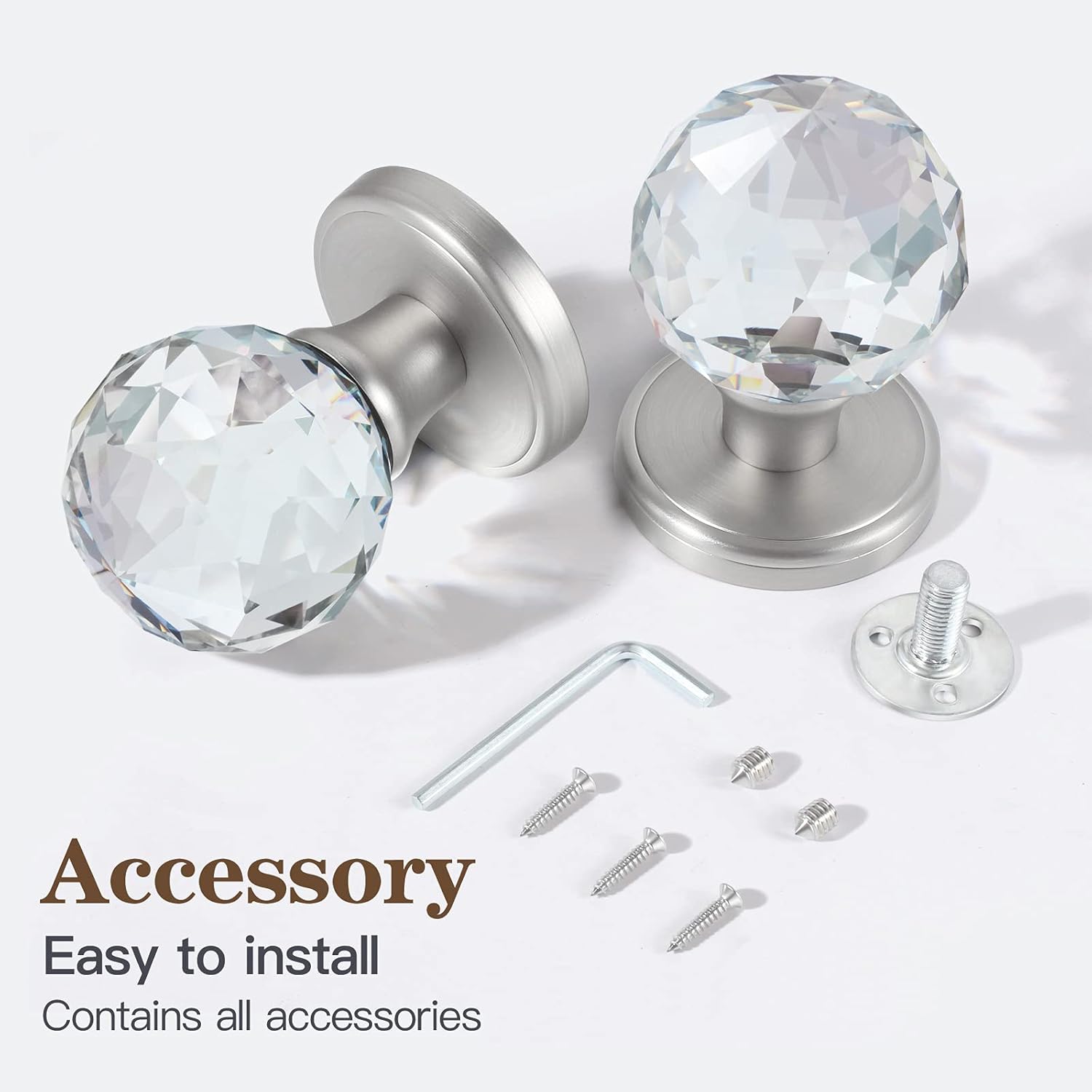 4 Pack Crystal Glass Dummy Door Knobs, Clear Diamond Single Side Dummy Door Knob Set, Satin Nickel