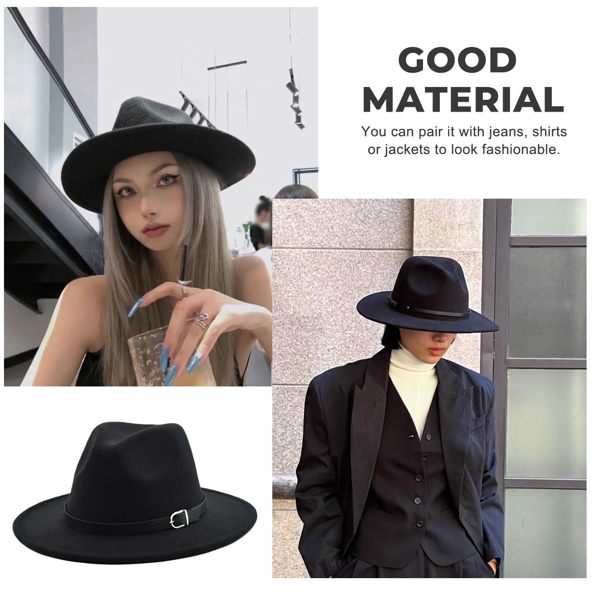 QUUPY Sombrero Fedora clásico de ala ancha con hebilla de cinturón, sombrero de Panamá de fieltro para mujeres y hombres (rojo)