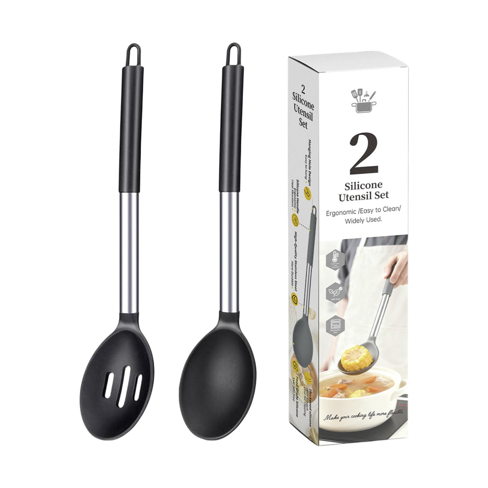 Soup and Stirring Spoon Set Silicone Cooking Utensil Pair with Metal Handles for Kitchen Pots and Daily Meal Prep Kitchen Cooking Spoon Slotted Serving Silicone Utensil Pair Metal Handle Loop Handle
