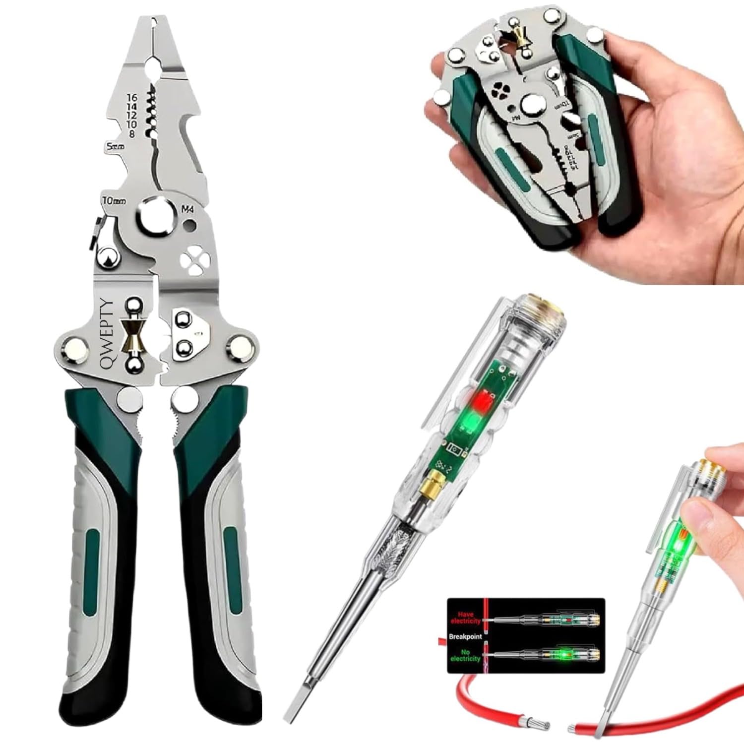 20-in-1 Multifunctional Stainless Steel Wire Cutter Foldable Wire Stripper Crimper Cable Cutter Pliers Non slip Grip for Cutting Electrical Stripping Tool & Crimping Tool with [LED Voltage Tester Pen]