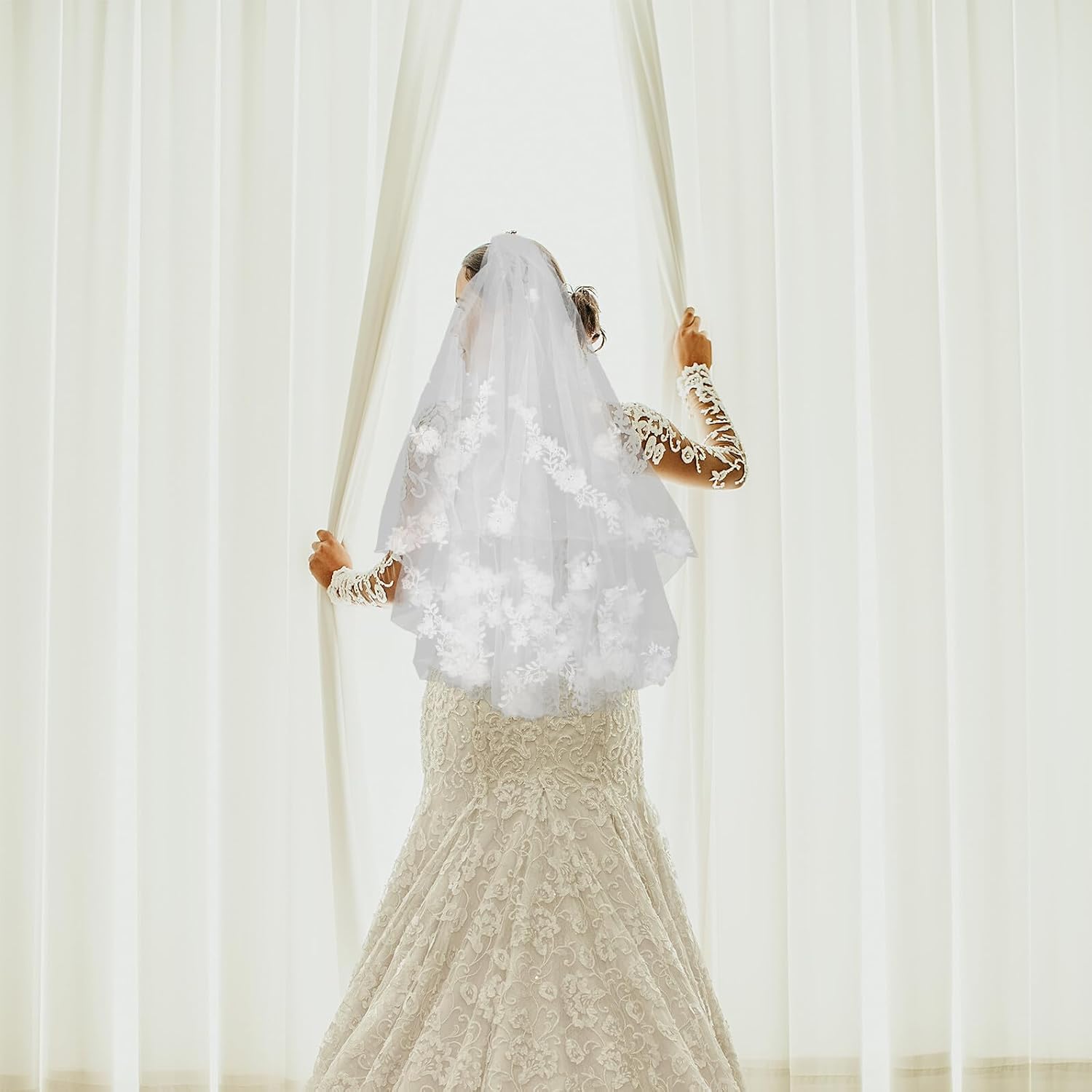 Baluue Bridal Veil Double Layer White Tulle with Handmade 3d Flower Embroidered Lace and Pearl Detail, Metal Comb Hair Accessory for Wedding Ceremony and Bride