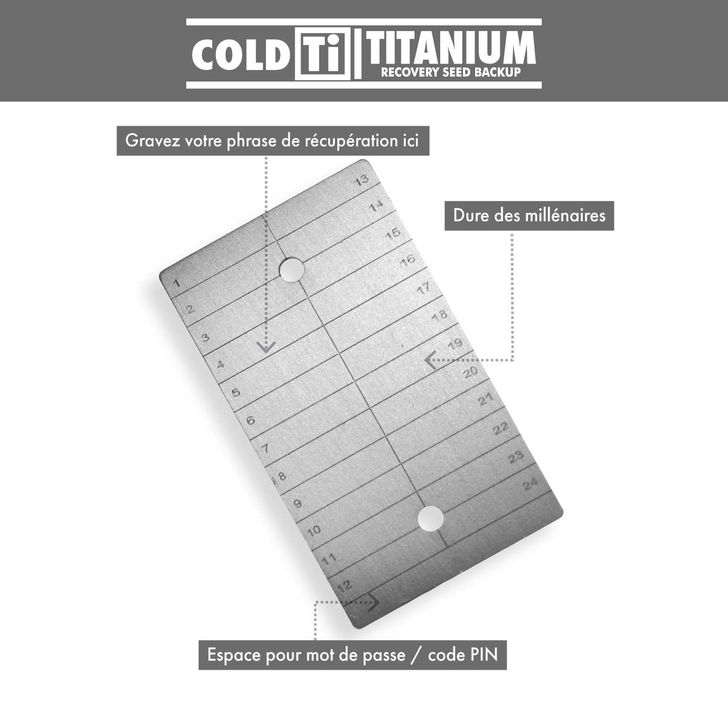 ColdTi Plaque en Titane pour Phrase de Récupération Ethereum et Crypto – Stockage Cold Wallet Sécurisé – Métal Premium Résistant – (Plaque Unique)