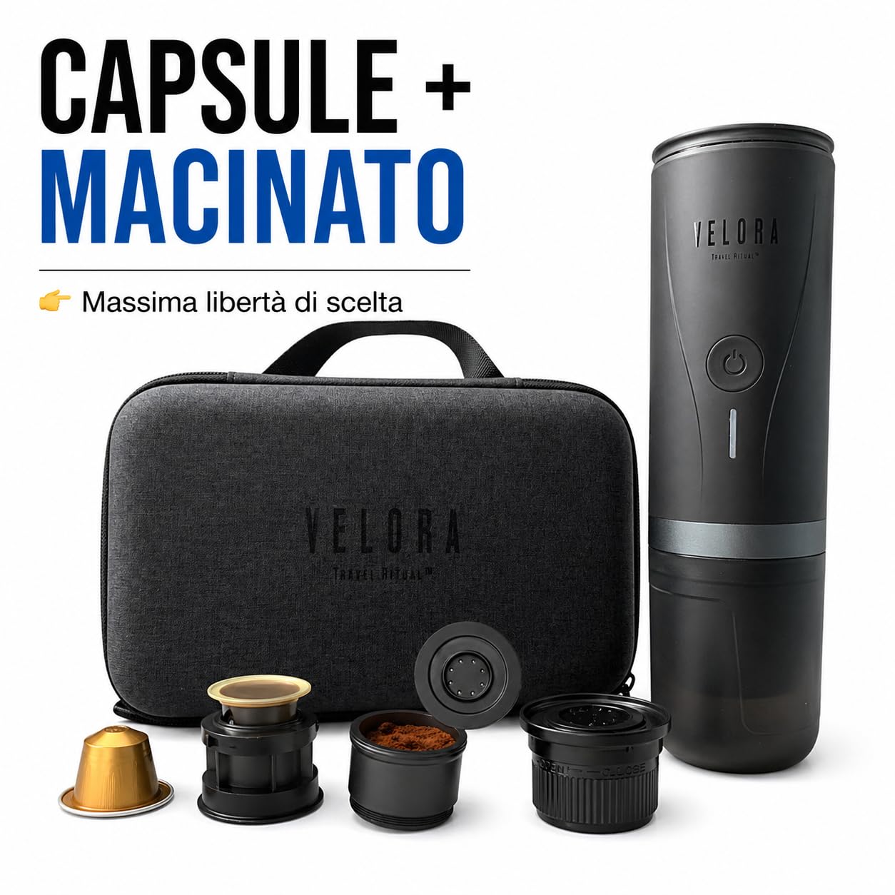 Generico VeloraTravelRitual Macchina Caffè Portatile – Espresso Ovunque, Compatibile Capsule e Macinato, Ricarica USB, Ideale per Auto, Viaggi, Camper e Outdoor